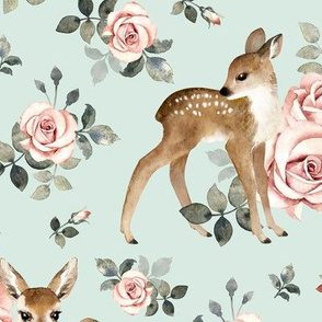 Large Scale / Little Deer With Vintage Roses / Mint Background 