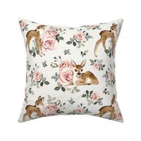 Large Scale / Little Deer With Vintage Roses / Off-White Background 