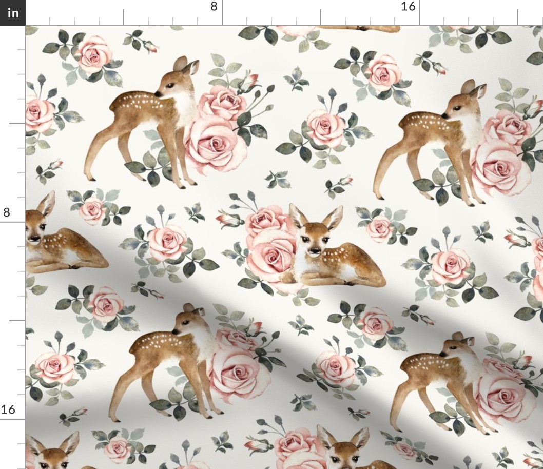 Large Scale / Little Deer With Vintage Roses / Off-White Background 