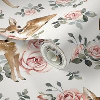 Medium Scale / Little Deer With Vintage Roses / Off-White Background