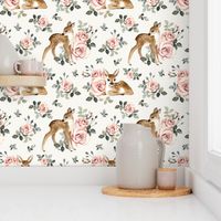 Medium Scale / Little Deer With Vintage Roses / Off-White Background
