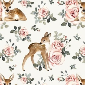 Medium Scale / Little Deer With Vintage Roses / Off-White Background