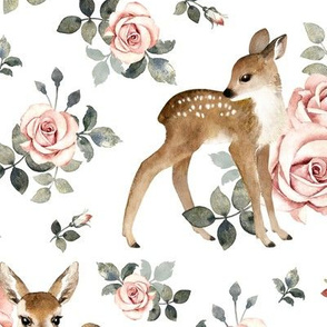 Large Scale/ Little Deer With Vintage Roses / White Background 