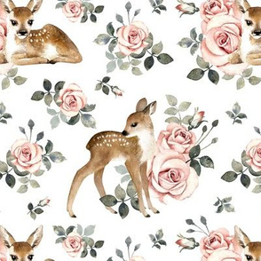 Meduim Scale / Little Deer With Vintage Roses / White Background 