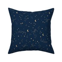 Astrophysics stars and moon boho zodiac universe science design nursery neutral navy blue golden ginger yellow