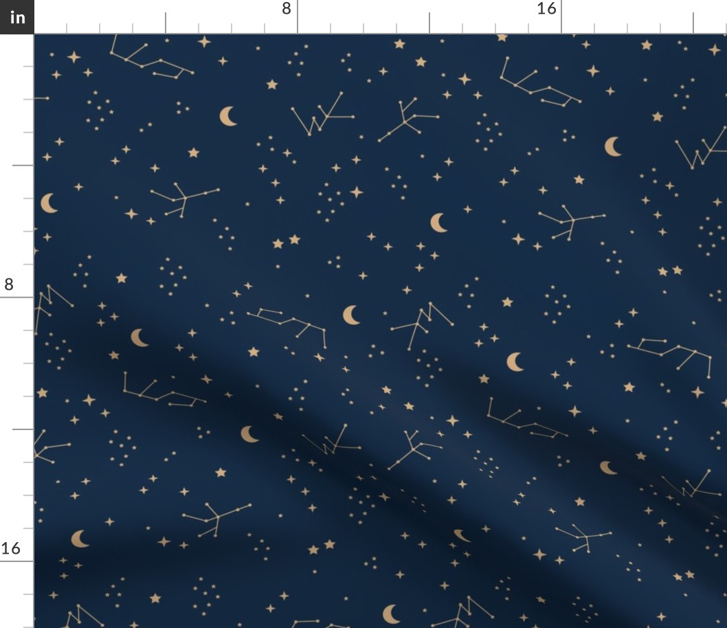 Astrophysics stars and moon boho zodiac universe science design nursery neutral navy blue golden ginger yellow