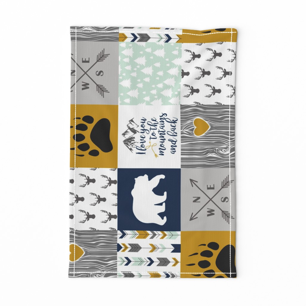 Love you to the mountains & back//Bear Paw//Mustard&Navy - Wholecloth Cheater Quilt - Rotated