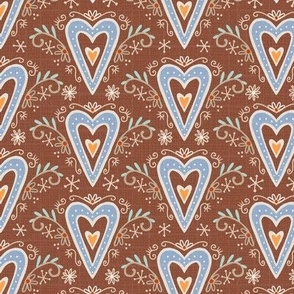 M- hearts with ornaments on brown - Nr.4. Coordinate for Peaceful Forest- 5"fabric / 3" wallpaper