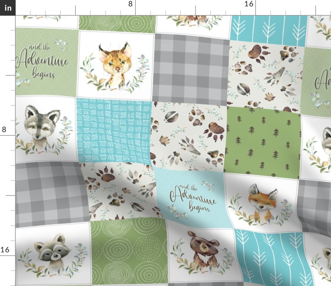 4.5" Woodland Animal Tracks Quilt – Blue, Green & Gray Cheater Quilt Blanket Fabric- style L