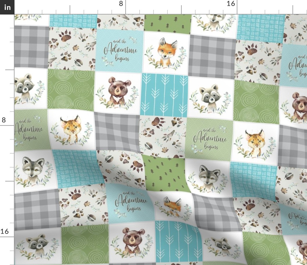 3" Woodland Animal Tracks Quilt – Blue, Green & Gray Cheater Quilt Blanket Fabric- style L