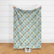 3" Woodland Animal Tracks Quilt – Blue, Green & Gray Cheater Quilt Blanket Fabric- style L, ROTATED