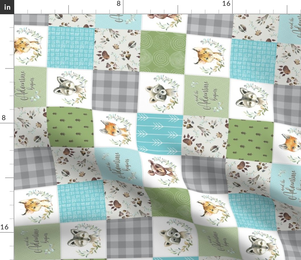 3" Woodland Animal Tracks Quilt – Blue, Green & Gray Cheater Quilt Blanket Fabric- style L, ROTATED
