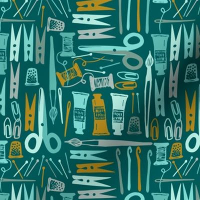 crafting tools dark green, teal and mustard - small scale