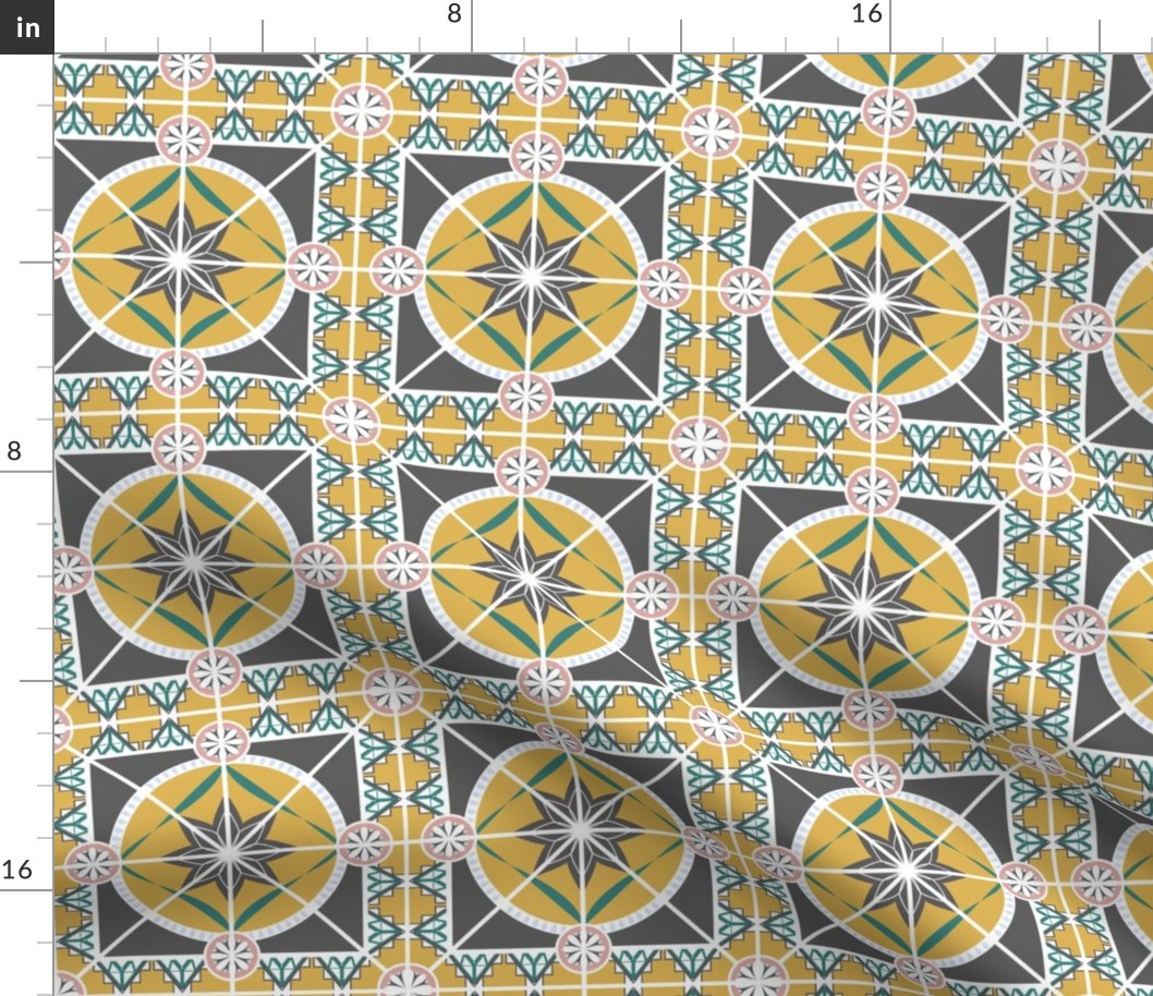 Large Ornate Tile, Yellow, Gray