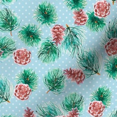 pine branches and cones on blue polkadot