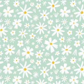 White hand drawn flowers on mint background_ illustration pattern