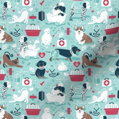 Tiny scale // VET medicine happy and healthy friends // aqua background red details navy blue white and brown cats dogs and other animals