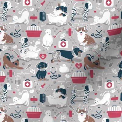 Tiny scale // VET medicine happy and healthy friends // grey background red details navy blue white and brown cats dogs and other animals