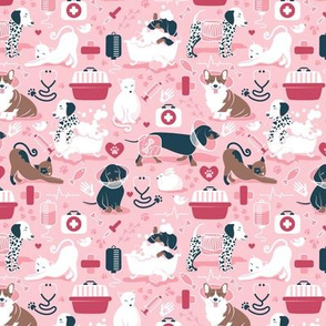 Tiny scale // VET medicine happy and healthy friends // pink background red details navy blue white and brown cats dogs and other animals