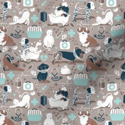 Tiny scale // VET medicine happy and healthy friends // brown background aqua details navy blue white and brown cats dogs and other animals 