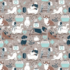 Tiny scale // VET medicine happy and healthy friends // brown background aqua details navy blue white and brown cats dogs and other animals 