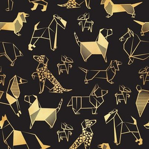 Small scale // Origami metallic doggie friends // black background metal golden lined paper dog breeds