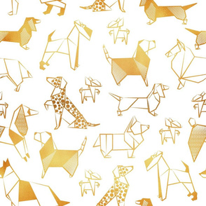 Normal scale // Origami metallic doggie friends // white background metal golden lined paper dog breeds