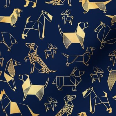 Small scale // Origami metallic doggie friends // oxford navy blue background metal golden lined paper dog breeds