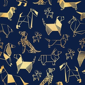 Small scale // Origami metallic doggie friends // oxford navy blue background metal golden lined paper dog breeds