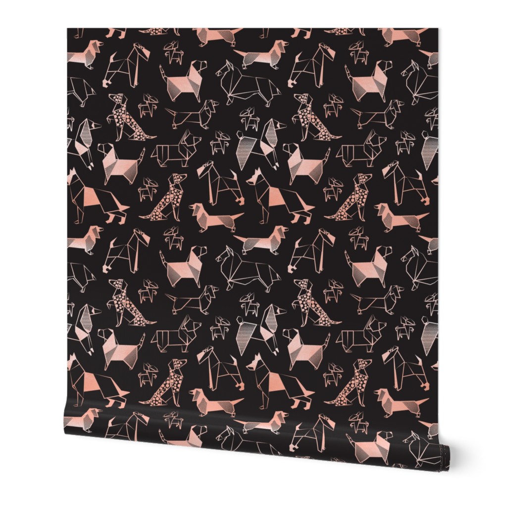 Small scale // Origami metallic doggie friends // black background metal rose lined paper dog breeds
