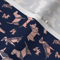 Tiny scale // Origami metallic doggie friends // oxford navy blue background metal rose paper dog breeds