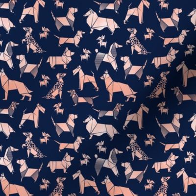 Tiny scale // Origami metallic doggie friends // oxford navy blue background metal rose paper dog breeds