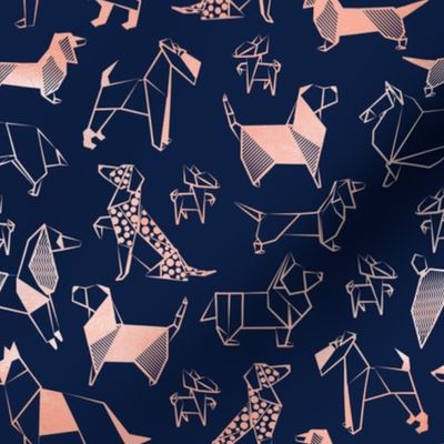 Small scale // Origami metallic doggie friends // oxford navy blue background metal rose lined paper dog breeds