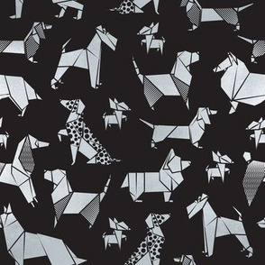 Small scale // Origami metallic doggie friends // black background metal silver paper dog breeds