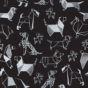 Small scale // Origami metallic doggie friends // black background metal silver lined paper dog breeds