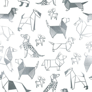 Normal scale // Origami metallic doggie friends // white background metal silver lined paper dog breeds