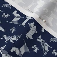 Tiny scale // Origami metallic doggie friends // oxford navy blue background metal silver paper dog breeds