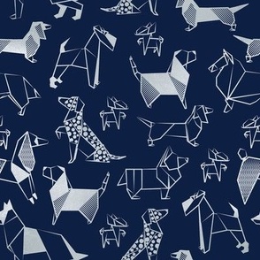 Small scale // Origami metallic doggie friends // oxford navy blue background metal silver lined paper dog breeds