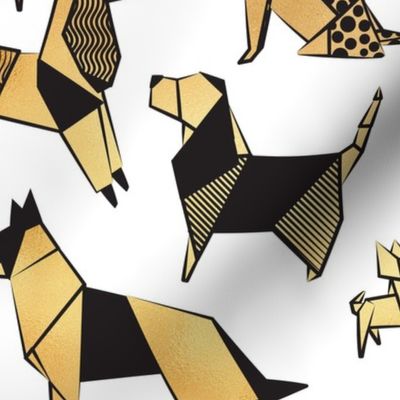 Normal scale // Origami metallic doggie friends // white background metal golden paper dog breeds