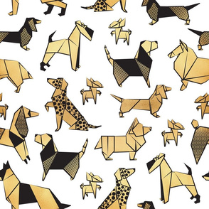 Normal scale // Origami metallic doggie friends // white background metal golden paper dog breeds