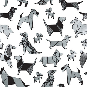 Normal scale // Origami metallic doggie friends // white background metal silver paper dog breeds