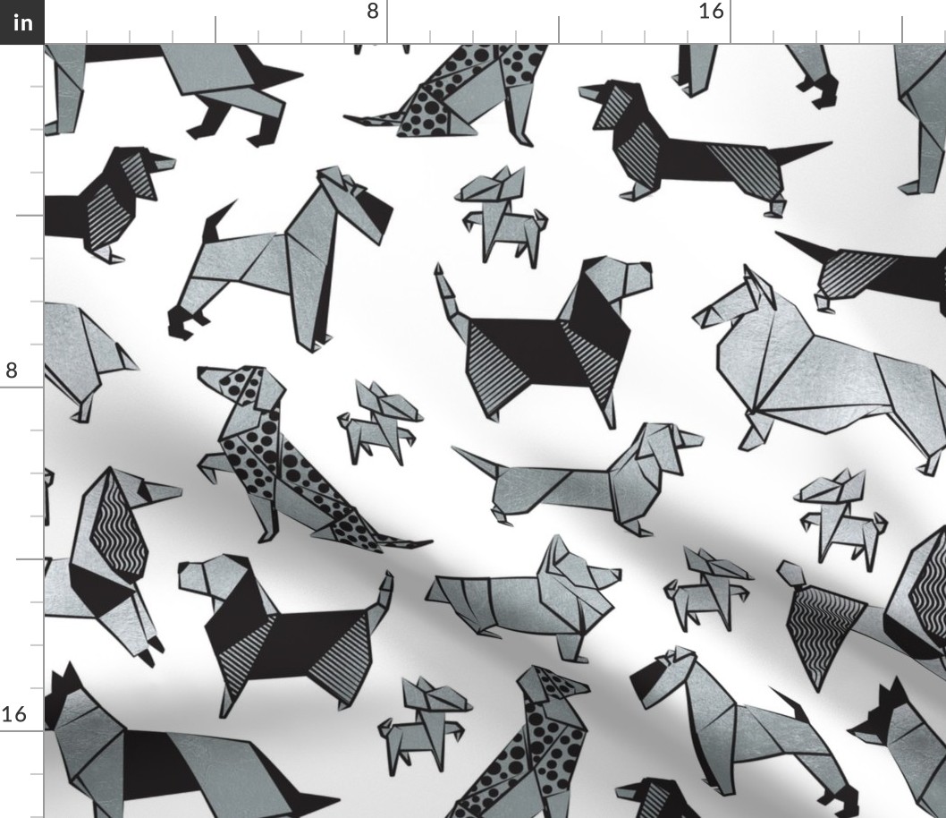 Normal scale // Origami metallic doggie friends // white background metal silver paper dog breeds
