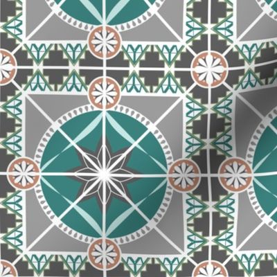 Large Ornate Tile,  Teal, Gray