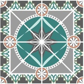 Large Ornate Tile,  Teal, Gray