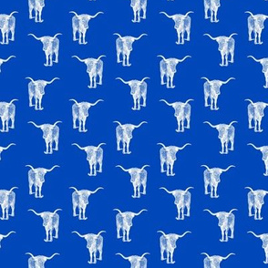 Western Texas Longhorn Bull in White with a Cobalt Blue Background (Mini Scale) 