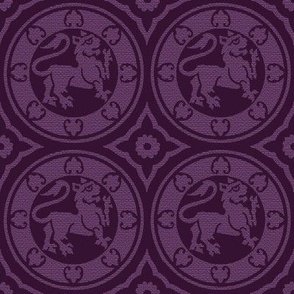 Medieval Lions in Circles, Aubergine