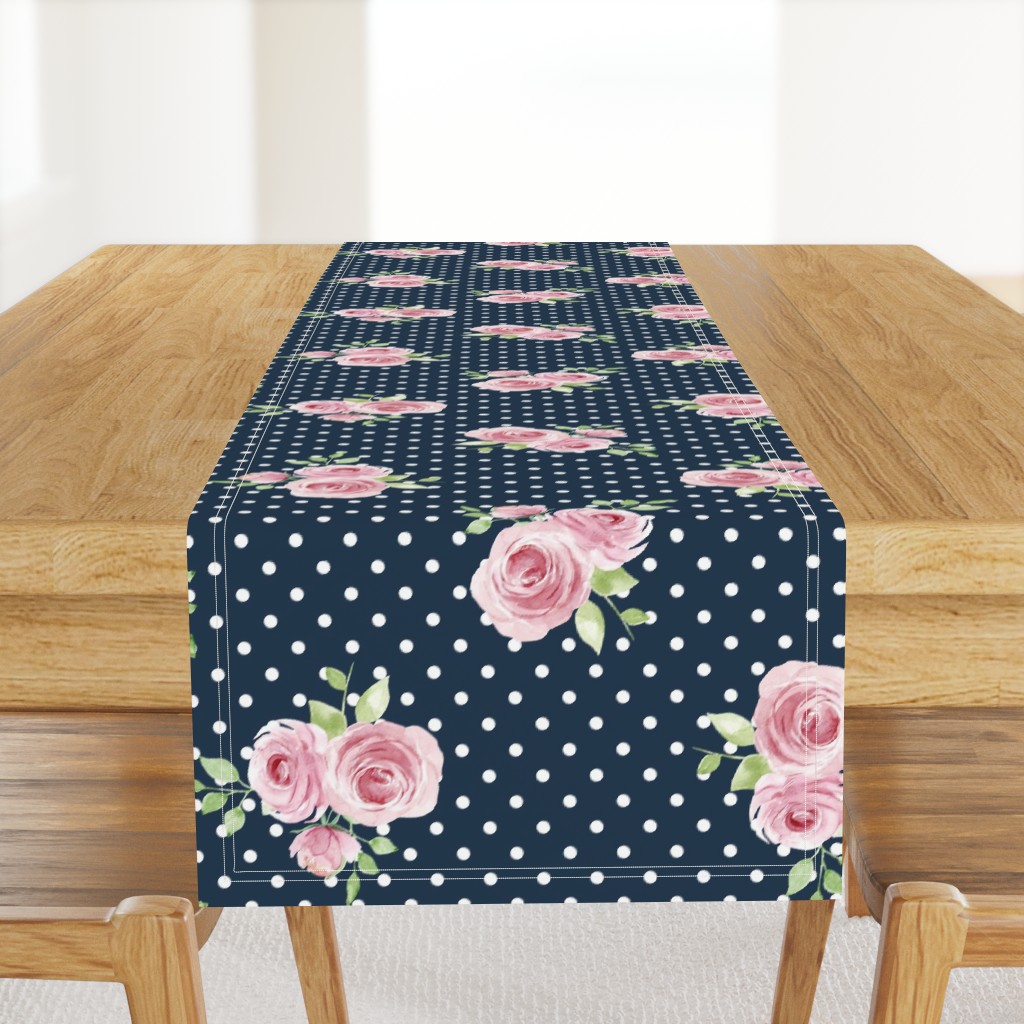 Large Scale Pink Roses on Navy with White Polkadots