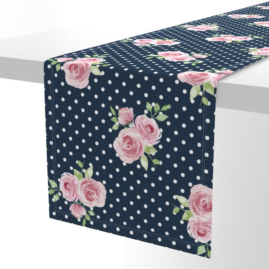 Large Scale Pink Roses on Navy with White Polkadots