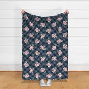 Large Scale Pink Roses on Navy with White Polkadots