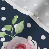 Large Scale Pink Roses on Navy with White Polkadots